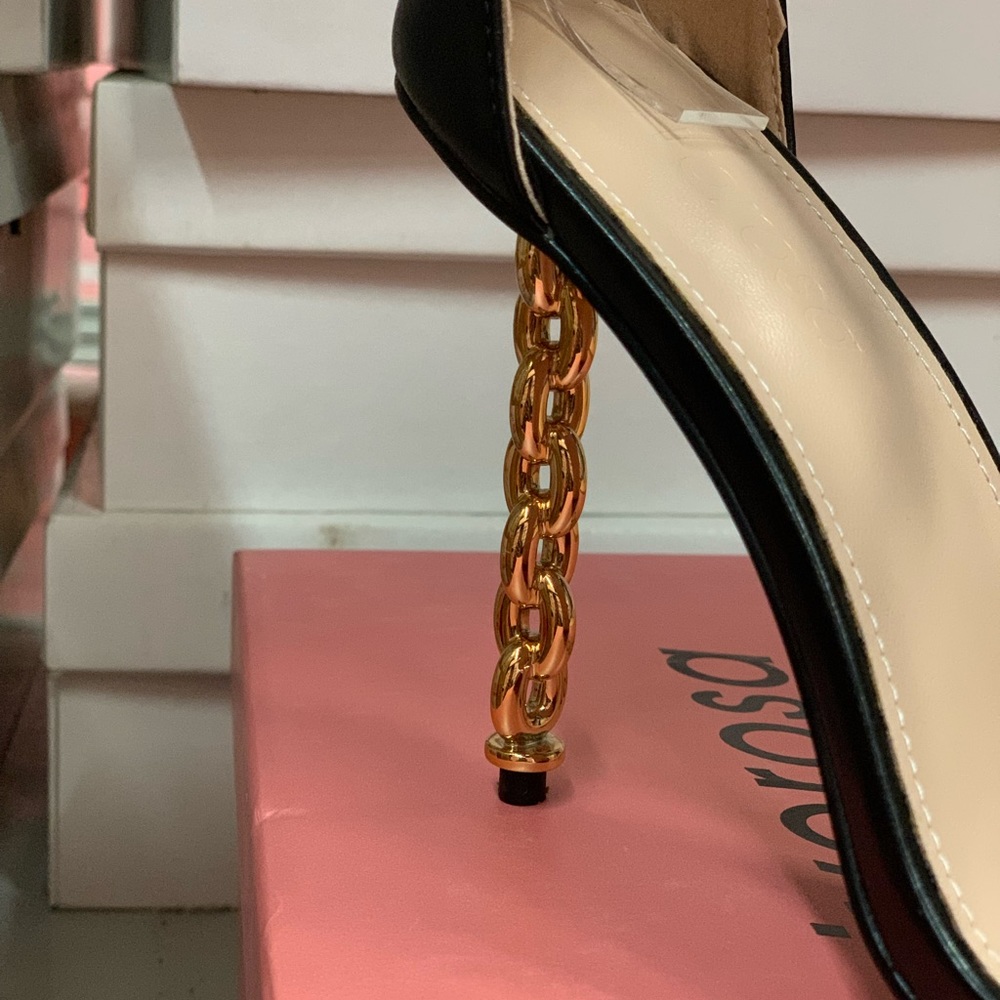 Women’s Ankle Strap Gold Chain Detail High Heel Sandal in Black Faux Leather - Picture 13 of 16
